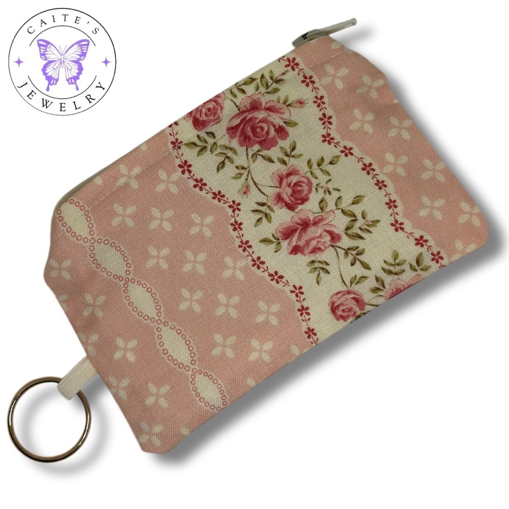 Handmade Coin Purse with a Pink and Cream Floral Fabric
